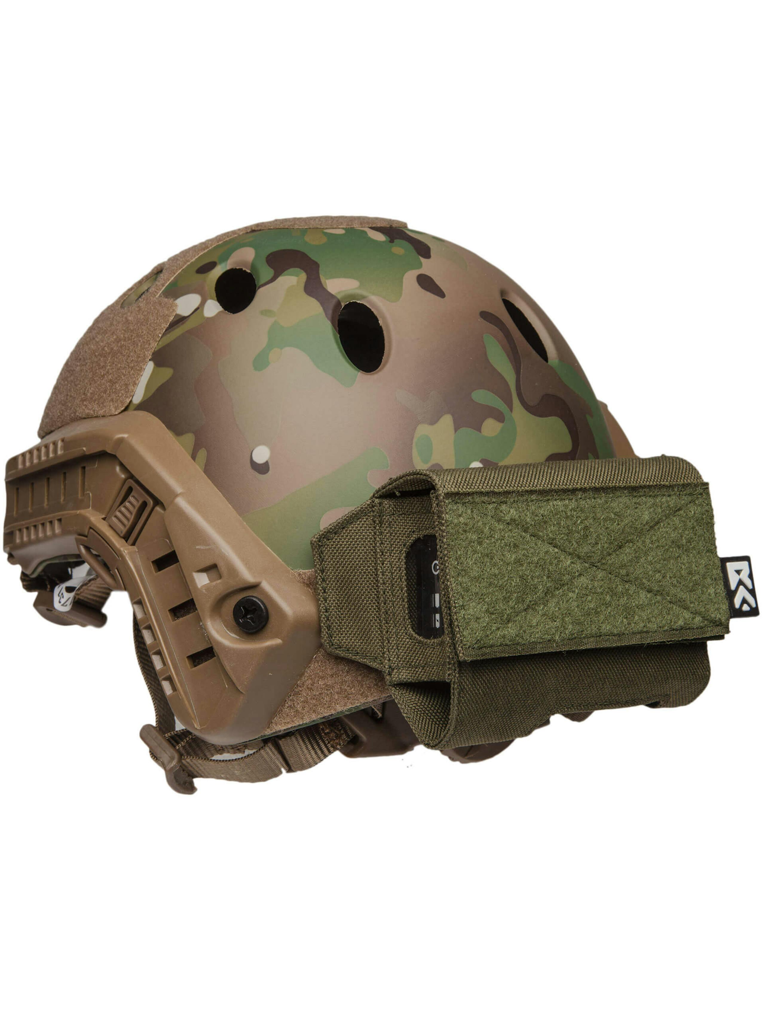 ExFog Helmet Pouch in olive mounted to a FAST Helmet