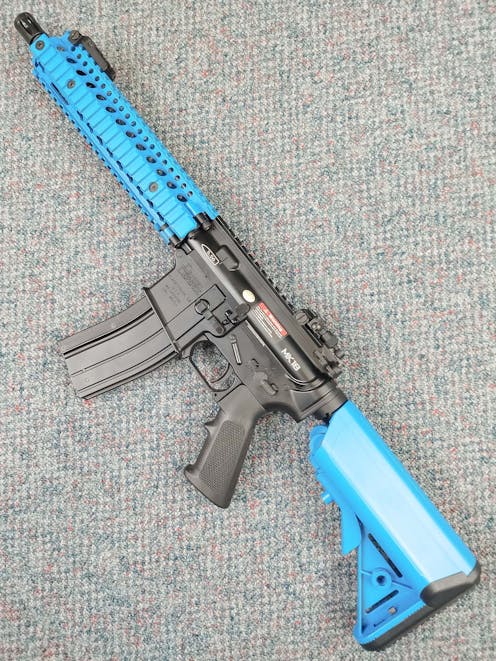 Golden Eagle BY-104243 EMG Daniel Defense MK18 MOD 1 MC6593M GBBR; Black; PTT Blue