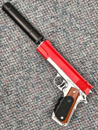 VORSK BY-105266 - VX-9 1911 GBB Pistol w/Suppressor; Black/Chrome; PTT Red